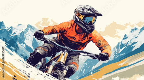 mountain biker in gear, helmet with black visor, vector style illustration, mountain bike race poster design, background of mountains. Outdoors healthy lifestyle, sports activity in the great outdoors