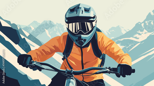 mountain biker in gear, helmet with black visor, vector style illustration, mountain bike race poster design, background of mountains. Outdoors healthy lifestyle, sports activity in the great outdoors