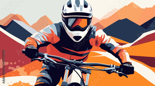 mountain biker in gear, helmet with black visor, vector style illustration, mountain bike race poster design, background of mountains. Outdoors healthy lifestyle, sports activity in the great outdoors