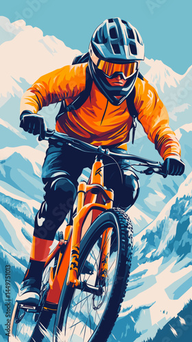 mountain biker in gear, helmet with black visor, vector style illustration, mountain bike race poster design, background of mountains. Outdoors healthy lifestyle, sports activity in the great outdoors