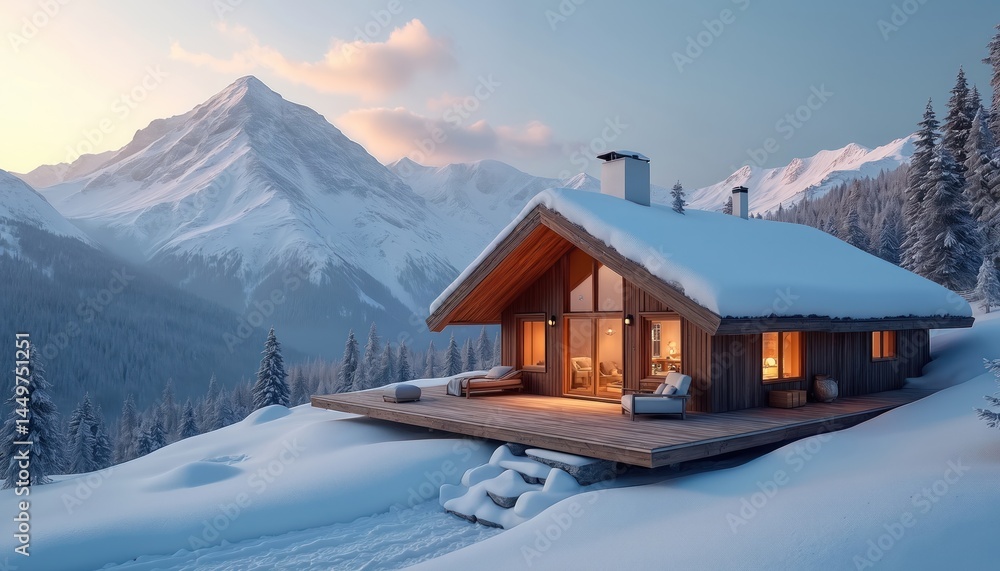 Cozy wooden cabin snowy mountain landscape. Warm lights shine from windows. Winter retreat concept. Cabin sits on snow covered deck. Snow capped mountains, evergreen forest, serene, peaceful
