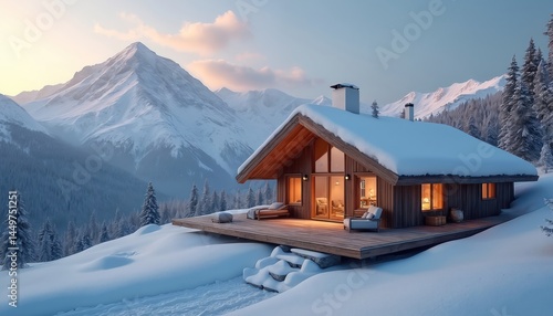 Obraz na płótnie Cozy wooden cabin snowy mountain landscape. Warm lights shine from windows. Winter retreat concept. Cabin sits on snow covered deck. Snow capped mountains, evergreen forest, serene, peaceful w salonie