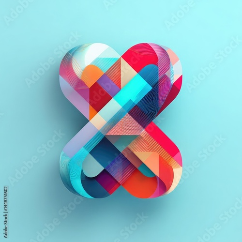 A colorful, abstract geometric design forms an intricate, symmetrical shape against a light blue background.