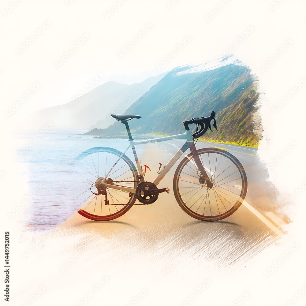 Fototapeta premium Road Bike on Coastal Highway with Ocean and Mountain Views. A picturesque image combining a road bicycle with a stunning coastal landscape.