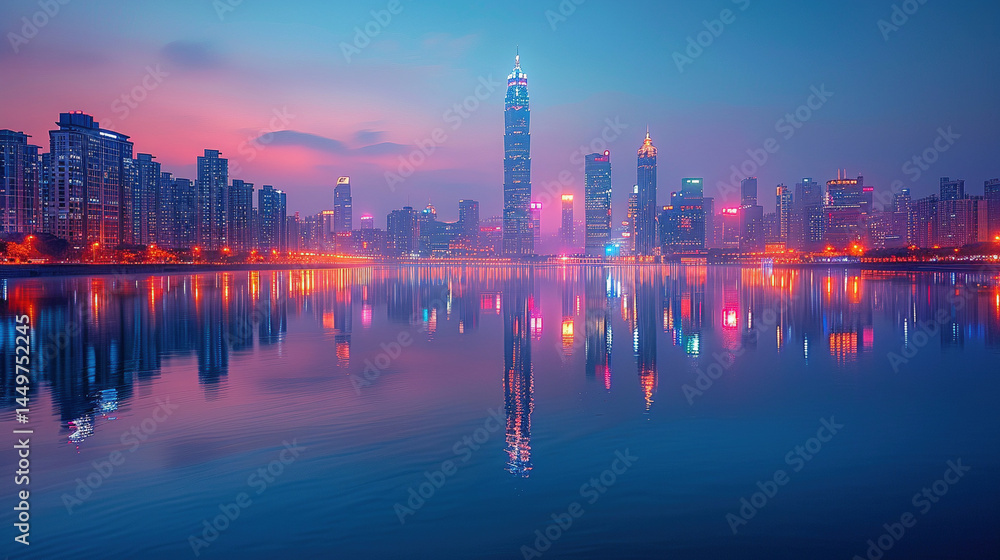 Fototapeta premium Mesmerizing City Lights Reflected on Serene Lake