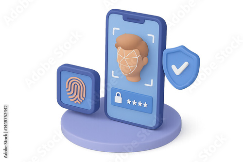3D isometric facial recognition authentication system, isolated on a transparent background