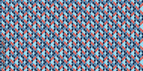 Abstract geometric textile pattern.  Seamless design featuring interconnected shapes in shades of blue and coral. Ideal for fashion, interiors, and web design.  Stylish, modern, and versatile.
