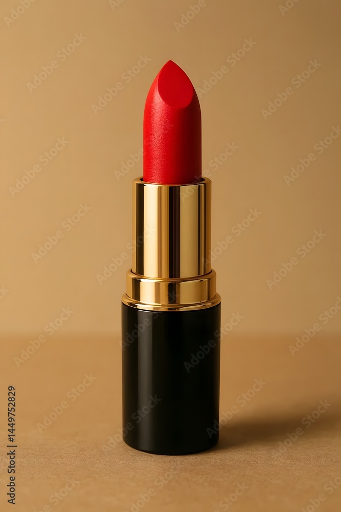 Classic Red Lipstick: A single tube of vibrant red lipstick with a golden cap stands elegantly against a muted brown background. The image exudes sophistication and timeless style. Classic Red Lipstick: A single tube of vibrant red lipstick with a golden cap stands elegantly against a muted brown background. The image exudes sophistication and timeless style.