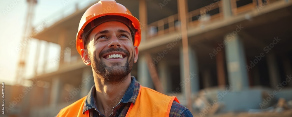 Cheerful construction worker man in orange safety vest smiles. Worker wears protective orange helmet. Construction site in blurred background. Builder looks up, smiling on sunny day, expressing