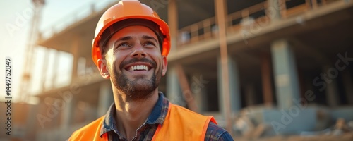 Obraz na płótnie Cheerful construction worker man in orange safety vest smiles. Worker wears protective orange helmet. Construction site in blurred background. Builder looks up, smiling on sunny day, expressing w salonie