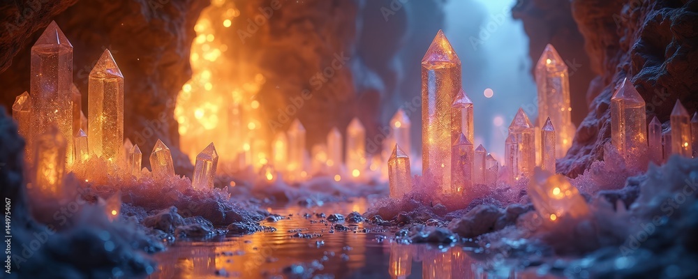 Mystical cave with sparkling crystal formations. Abstract shiny lights, glitter background. Luminous glowing crystals, fantasy art, gemstones, minerals, precious stones. Magical atmosphere, esoteric,
