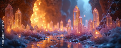 Mystical cave with sparkling crystal formations. Abstract shiny lights, glitter background. Luminous glowing crystals, fantasy art, gemstones, minerals, precious stones. Magical atmosphere, esoteric,