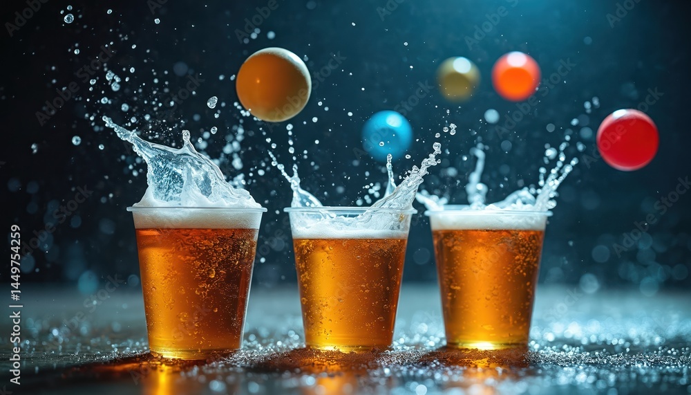 Dynamic illustration captures beer pong tournament moment. Splashing beer cups, colorful pong balls during friendly competition. Lively atmosphere, fun time with friends, party celebration of victory.