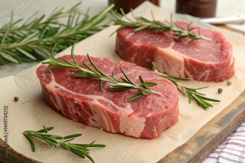 Raw Meat Cuts With Rosemary Sprigs on Wooden Board Generative AI