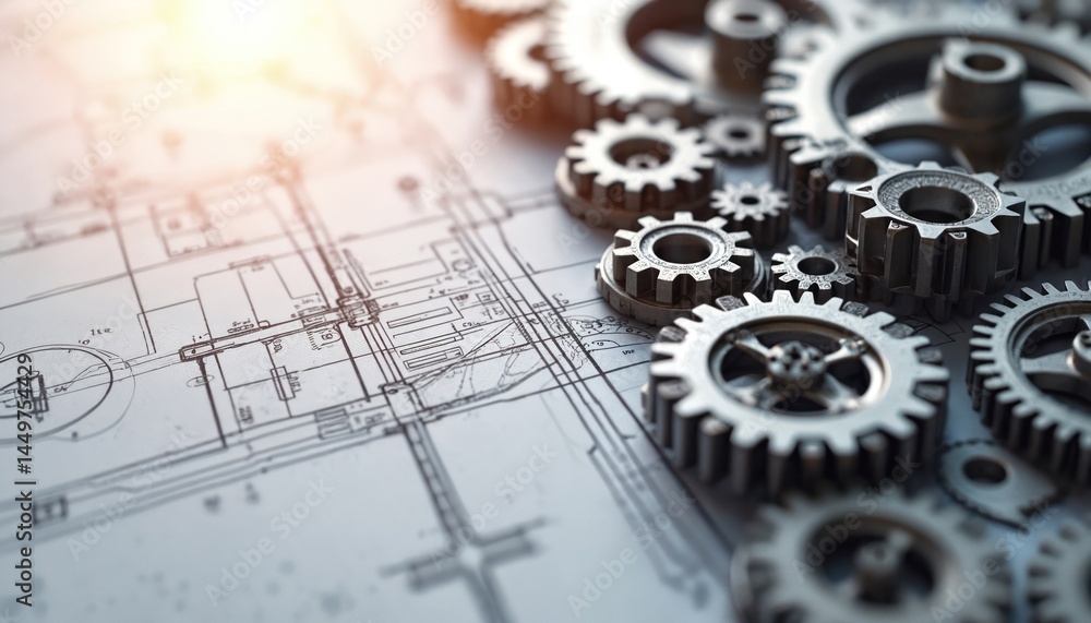Metallic gears, cogs resting on blueprint with bright light. Concept innovation, engineering, tech. Detailed industrial design, manufacturing, industry automation theme.