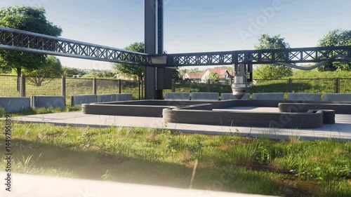 3d printing single-family house with concrete, timelapse video. New technology house building using a modern CNC machine. 3d render