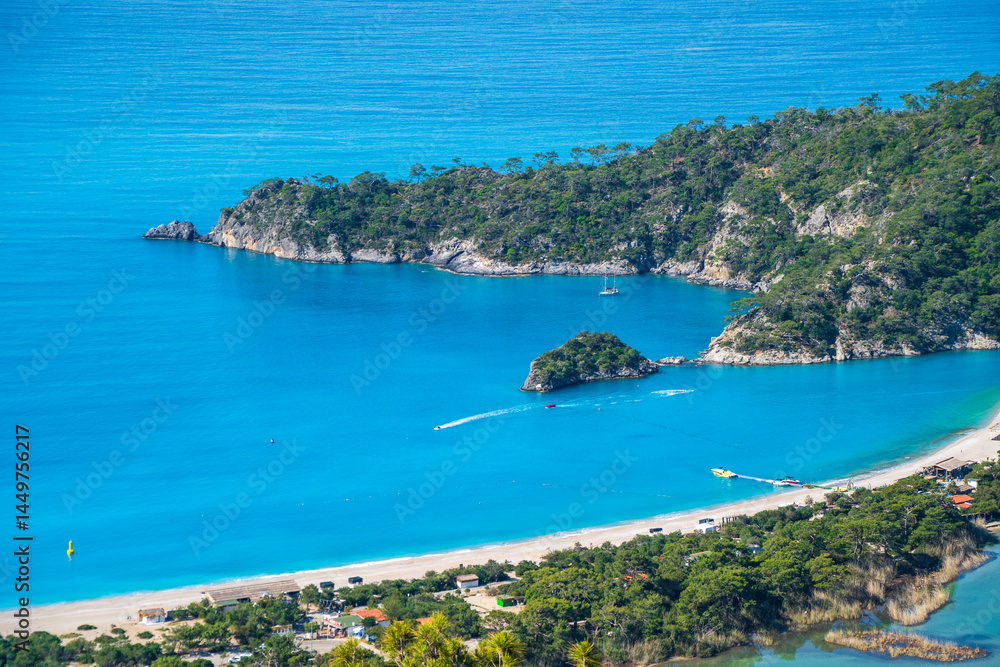 The Oludeniz Beach view from hill in Fethiye Town of Turkey