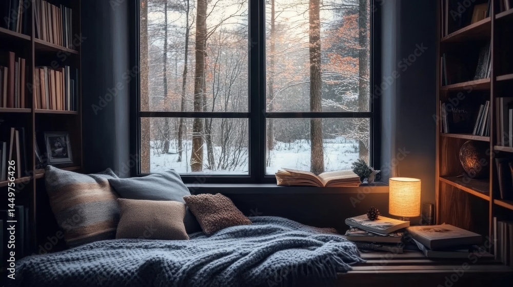 Fototapeta premium Cozy Room with Large Window, Bookshelves, and Wooden Bench in Dimly Lit Setting