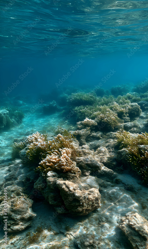Naklejka premium Submerged paradise aquatic seascape featuring vibrant coral reef formations on the ocean floor illuminated by sunlight