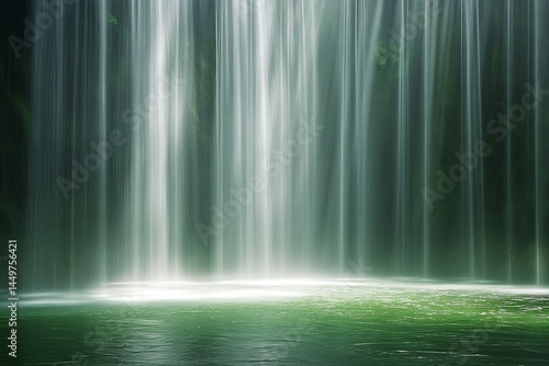 Serene Waterfall Cascading into Emerald Pool soft light blurred green background tranquil nature scene