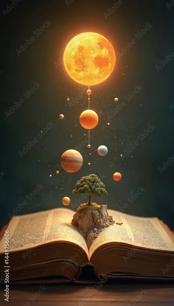 Open book with solar system illustration. Planets orbiting sun, cosmos, universe, learning, education concepts. Fantasy art with tree on stone, abstract design representing cosmic knowledge,