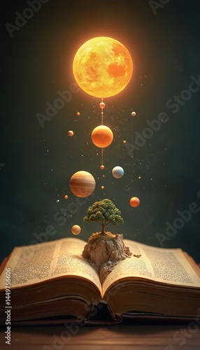 Obraz na płótnie Open book with solar system illustration. Planets orbiting sun, cosmos, universe, learning, education concepts. Fantasy art with tree on stone, abstract design representing cosmic knowledge, w salonie