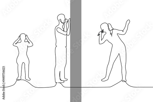 woman making noise, neighbors beating knocking on the wall calling for silence - one line art vector. concept thin walls, poor sound insulation, noisy neighbor