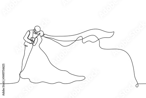 bride and groom standing kissing, bride's long veil fluttering beautifully in the wind - one line art vector. wedding kiss