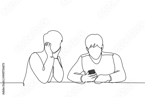 man sitting holding phone, man sitting next to him looking at it attentively - one line art vector. peeking at someone else's phone, waiting for attention while someone is busy