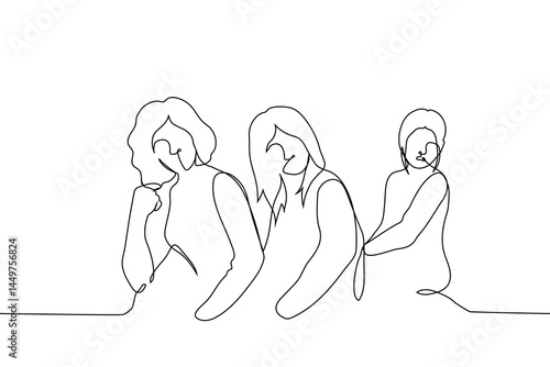 women sitting in a row turned and looking behind their backs - one line art vector. attracting female audience