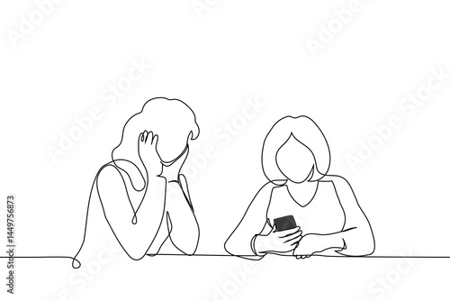 women sitting looking at phone screen in her hands - one line art vector. waiting for answer, call on speakerphone, showing friend correspondence