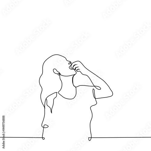 woman with mouth open and face up puts or pours something small into her mouth - one line art vector taking pills