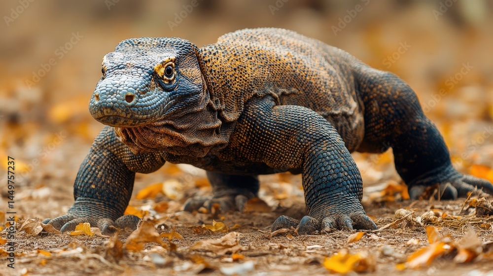 Fototapeta premium Close-up of a large Komodo dragon in a natural habitat.