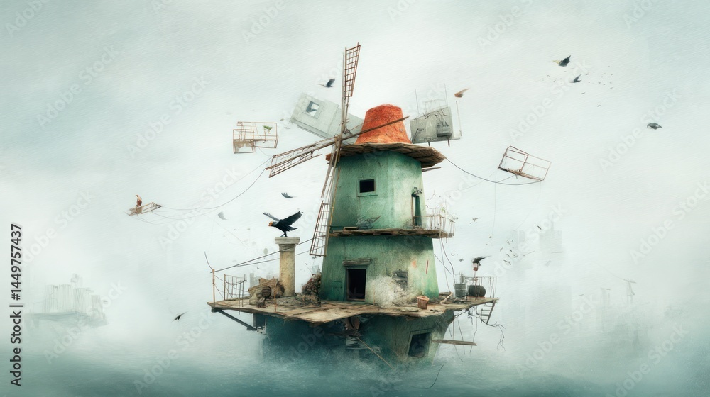 Fototapeta premium Floating windmill, surreal, foggy