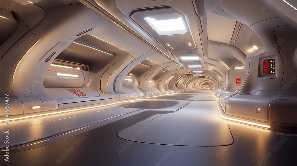 Futuristic corridor with smooth, white walls and glowing lights. High-tech, spacious, and clean design Futuristic corridor with smooth, white walls and glowing lights. High-tech, spacious, and clean design