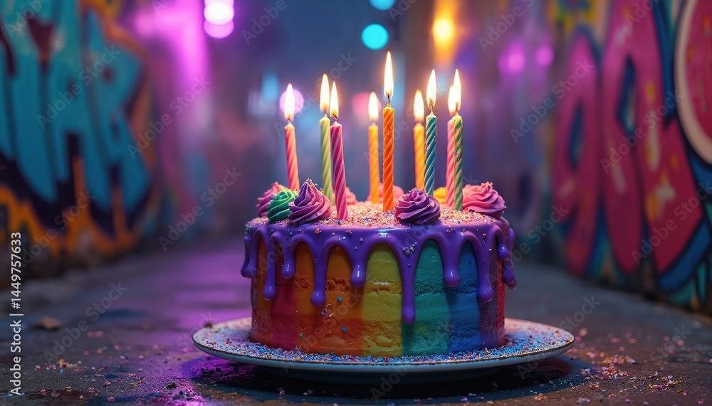 Rainbow birthday cake with candles in graffiti alley. Colorful cake, dripping frosting, sprinkles, lit candles create festive mood. Sweet treat for party, celebration. Joyful event in urban