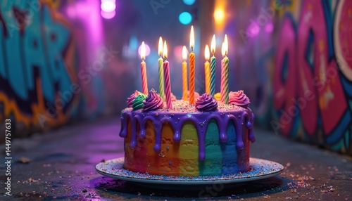 Obraz na płótnie Rainbow birthday cake with candles in graffiti alley. Colorful cake, dripping frosting, sprinkles, lit candles create festive mood. Sweet treat for party, celebration. Joyful event in urban w salonie
