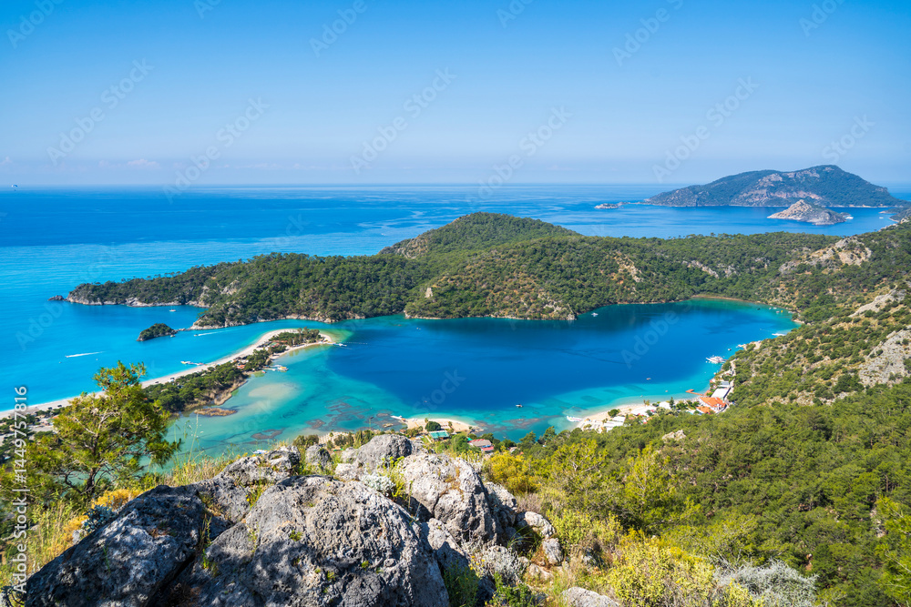 The Oludeniz Beach view from hill in Fethiye Town of Turkey