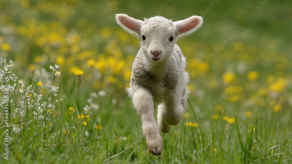 Obraz premium Playful Lamblet Bounding Through Dandelion Meadow