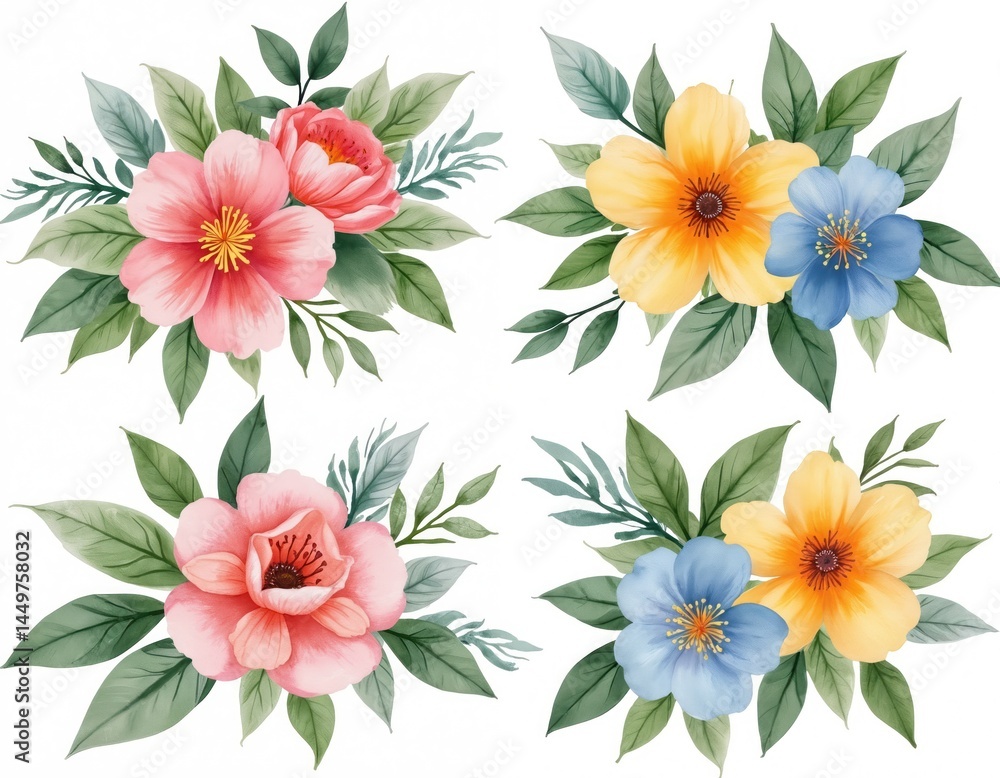 Watercolor floral bouquet illustrations set. Hand drawn flowers, leaves, branches in different colors, compositions. Floral clip art perfect for wedding decor, greeting cards, invitations, design