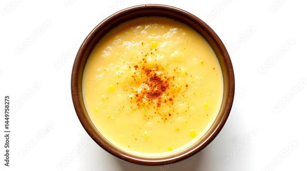 A bowl of corn cream soup with paprika on a white background with ample copy space A bowl of corn cream soup with paprika on a white background with ample copy space