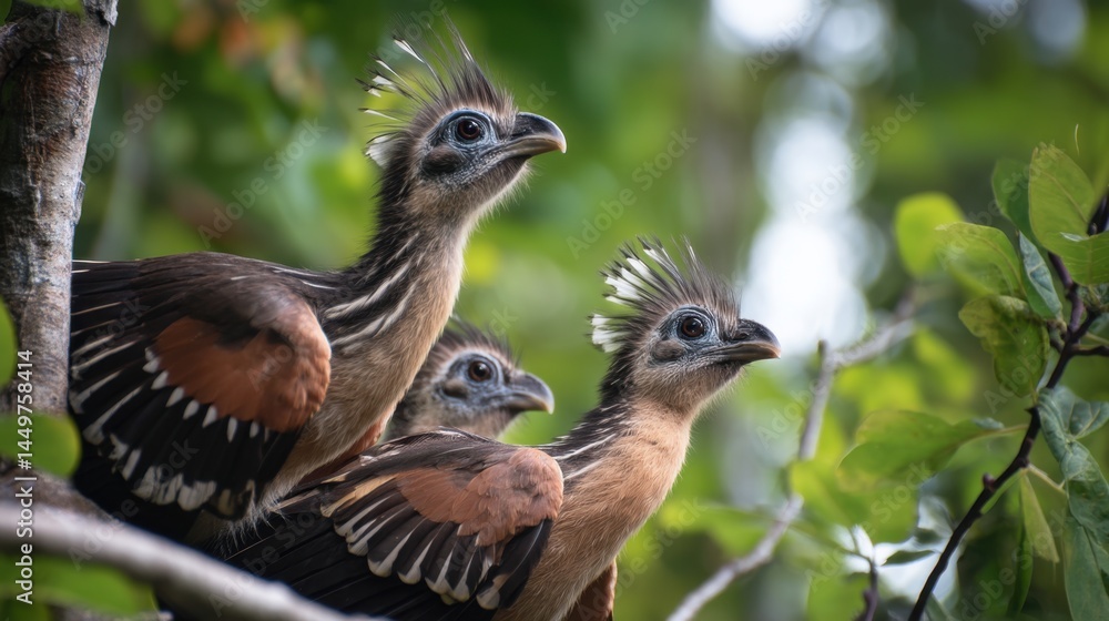 Three Hoatzin Chicks Perched on Branch, Lush Rainforest Canopy Three Hoatzin Chicks Perched on Branch, Lush Rainforest Canopy