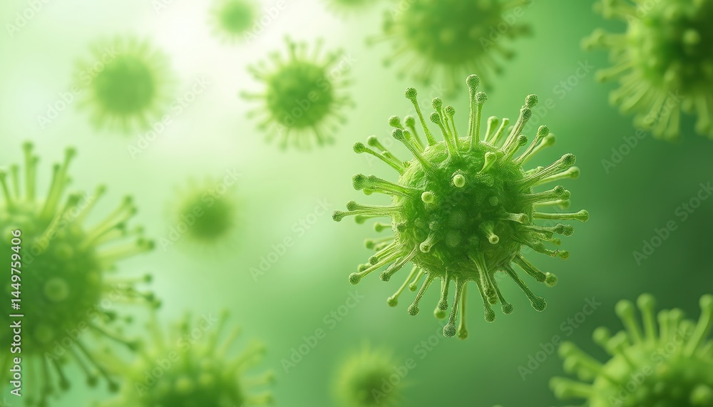 Microscopic green three-dimensional abstract cellular structures. Illustration of exosomes in green color. Concept for molecular biology medicine science research.