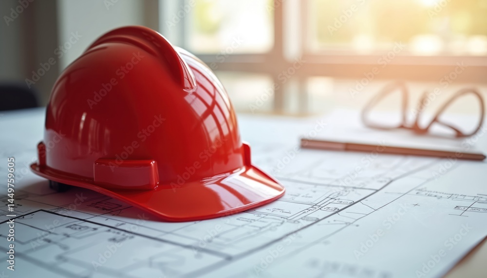 Close-up of red hard hat, glasses on blueprint, engineer workplace. Construction safety plan, building project, design concept, architecture, industrial consulting. Fire safety tips. Construction,