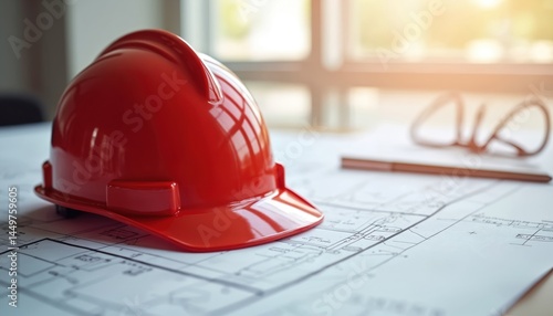 Obraz na płótnie Close-up of red hard hat, glasses on blueprint, engineer workplace. Construction safety plan, building project, design concept, architecture, industrial consulting. Fire safety tips. Construction, w salonie