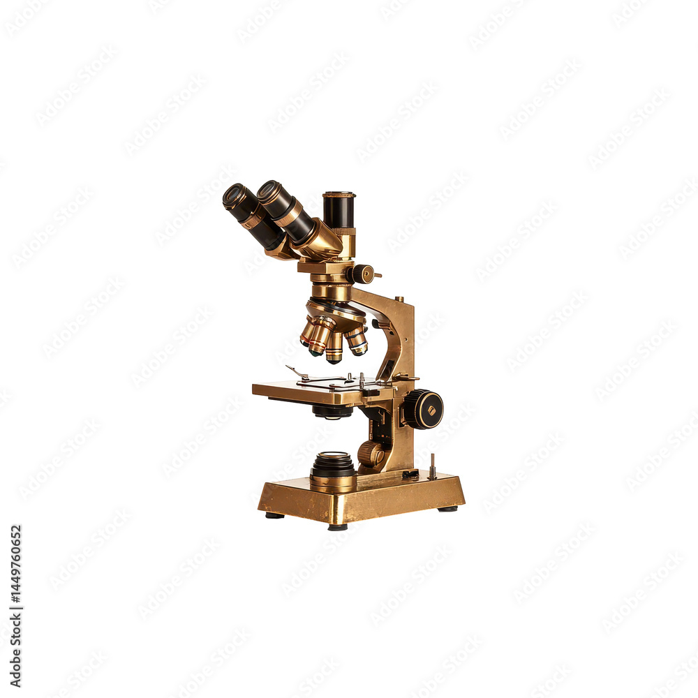 Traditional optical compound microscope with brass finish and multiple objective lenses used for scientific and educational laboratory research purposes on transparent background Traditional optical compound microscope with brass finish and multiple objective lenses used for scientific and educational laboratory research purposes on transparent background