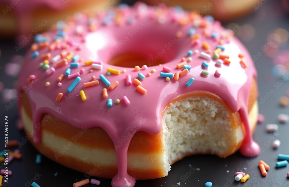 Pink frosted donut with colorful sprinkles, bite mark on a dark surface. Sweet pastry dessert with icing and sugar. Tasty snack for breakfast, glazed and baked. Unhealthy food.