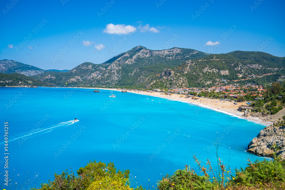 The Oludeniz Beach view from hill in Fethiye Town of Turkey