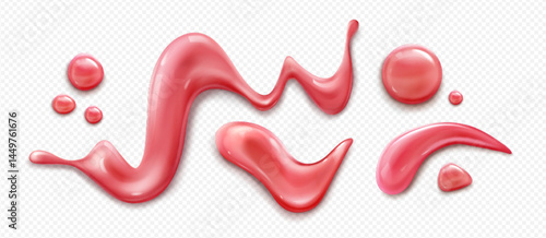 Strawberry jam sauce or syrup realistic splashes and drops set. Flowing liquid fruit topping in red color, jelly elements of various shapes with gooey consistency. Melted berry preserve blob and drip