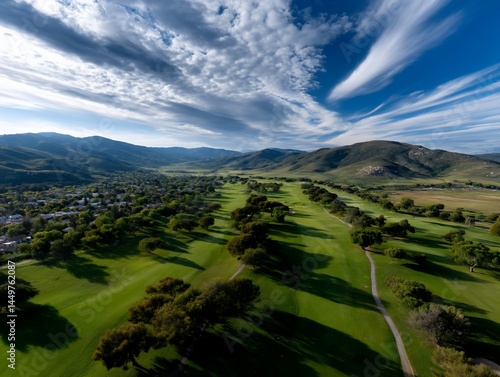 Aerial view of a golf course nestled in a valley with a town below, under a partly cloudy sky
